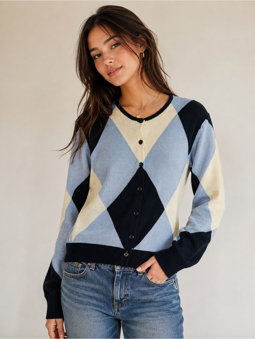 Talbots Argyle Silk cotton Cardigan Sweater Sz S